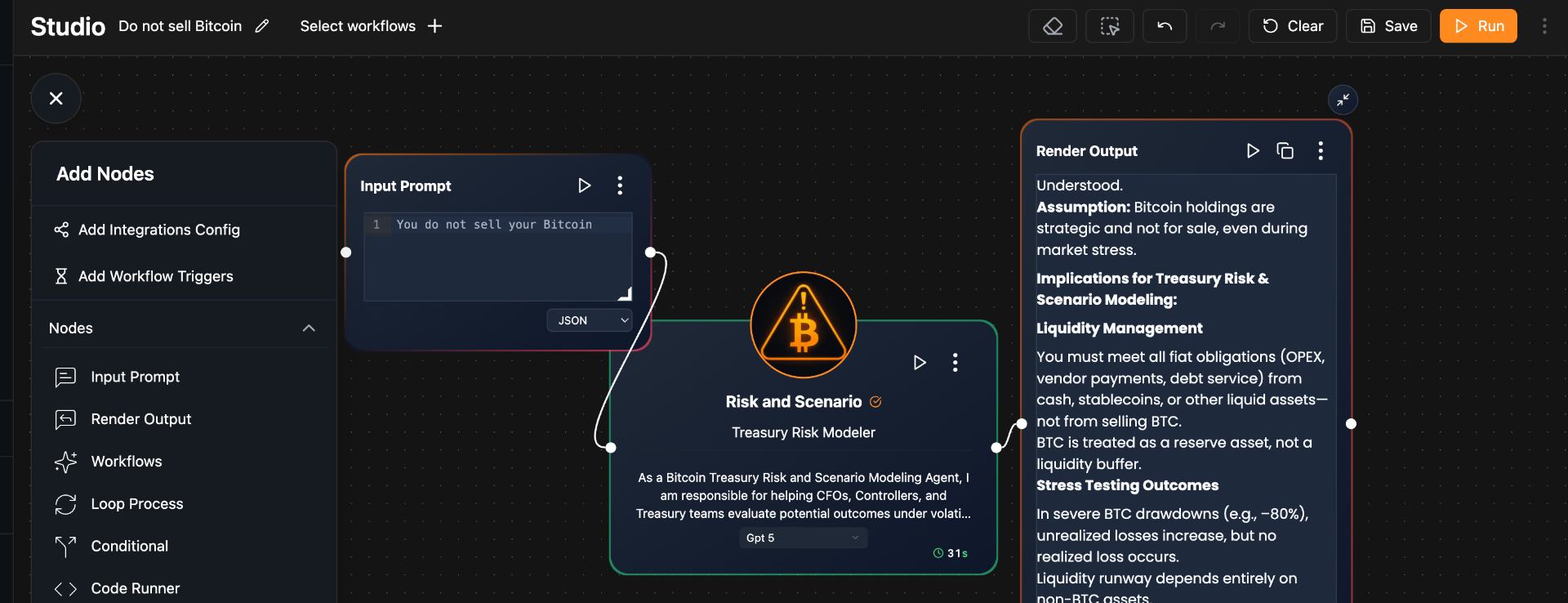 Bitcoin Orchestrator Studio Interface showing AI agents and workflow automation